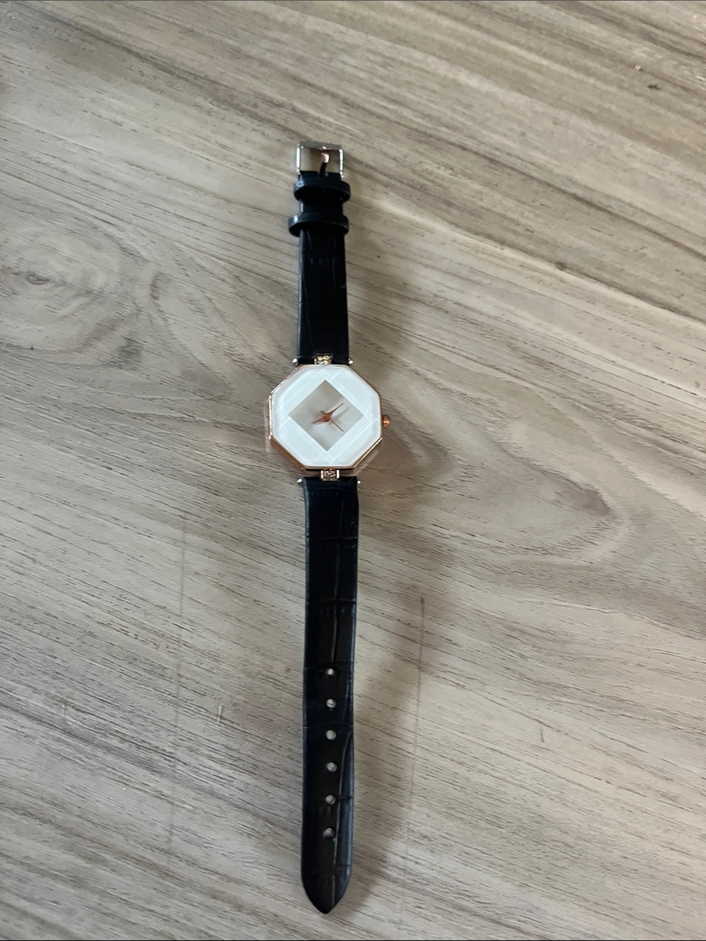 Geometric Face Black Leather Strap Watch